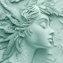3D bas-relief of a beautiful girl in a wreath of ferns. Close-up portrait in mint tones. Symbol of nature, flora. Decor of exhibition and presentation interiors for advertising products for women, tem