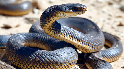 Obraz premium Close Up Of A Black Snake With Yellow Stripes, scales, reptile, wildlife, animal, nature