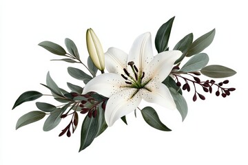 Beautiful white lily surrounded by lush greenery and elegant foliage, perfect for floral designs and nature-themed projects.