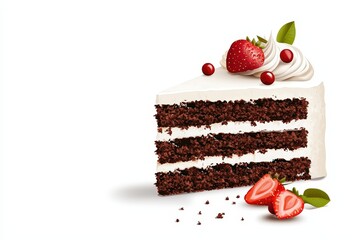 Delicious chocolate cake slice topped with fresh strawberries, whipped cream, and decorative leaves, perfect for dessert lovers.