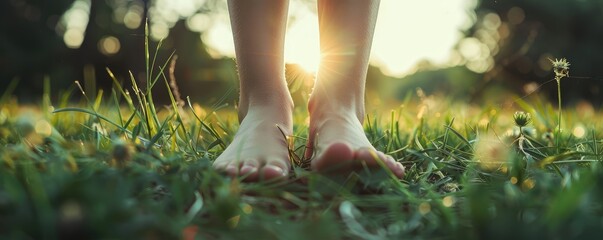Barefoot on grass with warm sunlight and nature vibes.