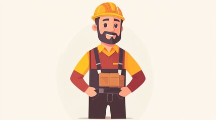Obraz premium Cartoon construction worker smiling with helmet and tool belt, isolated on light background.