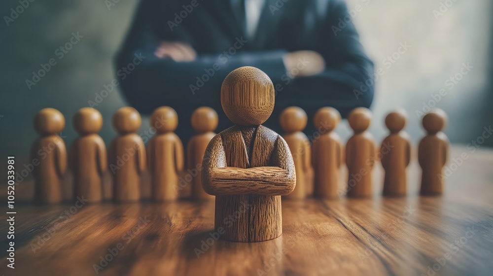 Poster teamwork concept with wooden figures symbolizing unity