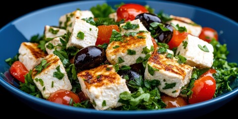 Grilled Halloumi Salad with Tomatoes  Olives and Parsley   Mediterranean Cuisine