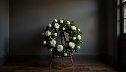 Floral wreath of white roses and greenery displayed on an easel in a dark room