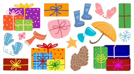 Hand drawn vector illustration set of gift boxes in bright color, pink and blue gloves, ribbon, boots, umbrella, scarf, and pine for winter holiday elements. Isolated object for poster, pattern.