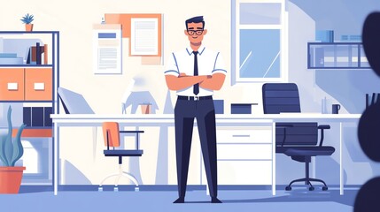 Confident businessman standing in a modern office with a desk and chairs, ready to tackle projects.