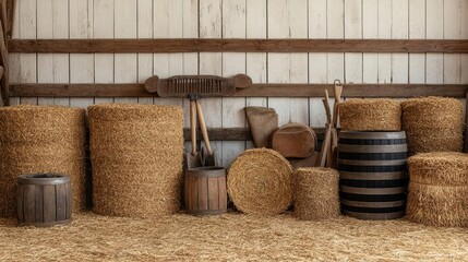 Organic straw storage in a rustic barn, natural farming tools, detailed textures