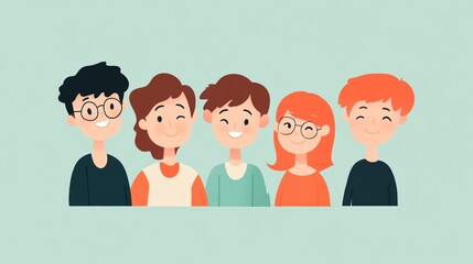 Diverse group of five smiling friends, showcasing happiness and joy in a playful illustration.