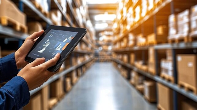 A warehouse worker examines data visualizations on a tablet, showcasing charts and graphs against a backdrop of stocked shelves - Powered by Adobe