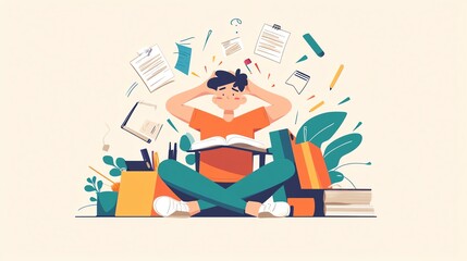 Frustrated student overwhelmed by paperwork and books, symbolizing stress and anxiety in learning.