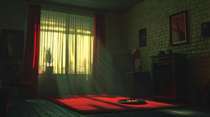 Fototapeta premium Sunlight streams through a window in a vintage living room with a red rug, brick wall, and a record player.