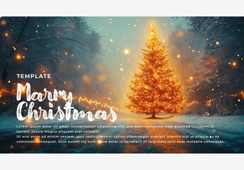 Holiday Templates: Christmas Tree on Snowy Road with Merry Christmas Message in White on Blue Background Generative AI