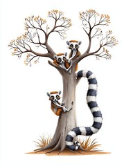 Naklejka premium Whimsical illustration of lemurs perched in a tree, showcasing their playful nature in a vibrant, cartoon style.
