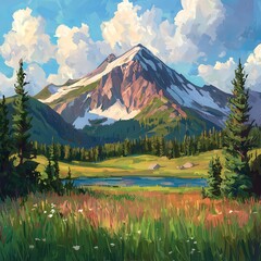 Fototapeta premium Majestic Mountain Landscape with Lush Greenery and Serene Lake Reflection in Nature's Splendor