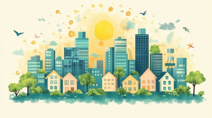 Obraz premium Ecofriendly cityscape illustration, flat design, top view, sustainable living theme, cartoon drawing, colored pastel