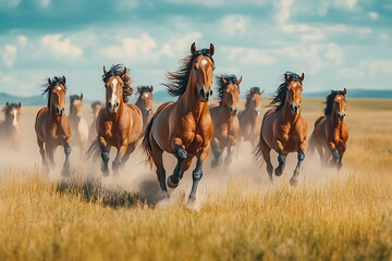 A herd of brown horses galloping across a field, kicking up dust.
