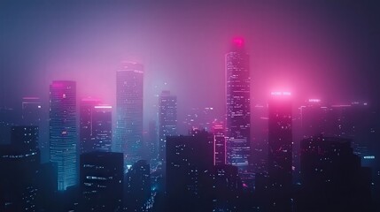 Fototapeta premium Stunning Urban Nightscape A Dreamy Blend of Neon Lights and Misty Skyscrapers