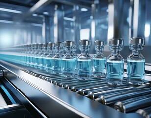Obraz premium pharmaceutical production featuring a glass ampoule containing vaccine moving along an automatic conveyor line 3d render illustration