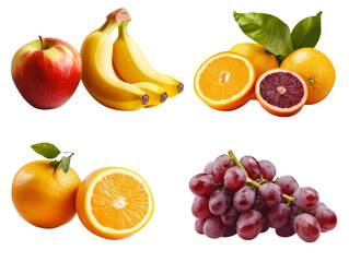A close up of four different fruits, including an apple, banana, orange. transparent background png