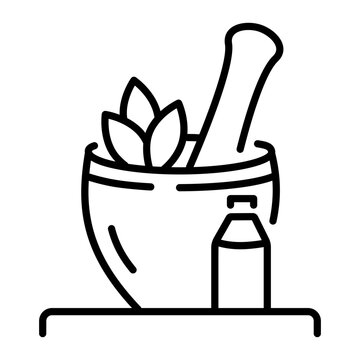 recommend clip art: Linear icon of a mortar and pestle with leaves for phytotherapy