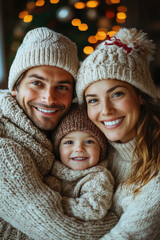 Obraz premium A family of three, a man, a woman and a child, are all wearing hats and smiling for the camera