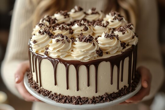 A woman holding a delicious chocolate drip cake adorned with vanilla frosting swirls and chocolate shavings.