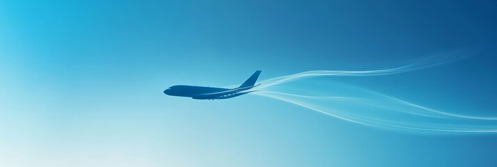 Obraz premium Silhouette of airplane soaring high in clear blue sky, leaving white trail. Evokes travel, adventure, freedom. Perfect for backgrounds