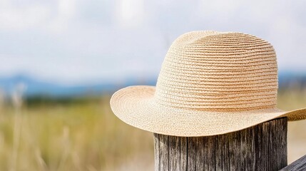 Straw hat on a wooden fence post, countryside background, rustic fashion accessory
