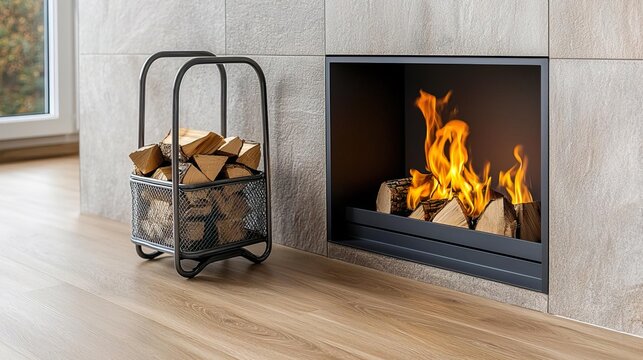 A modern fireplace is designed against a wall
