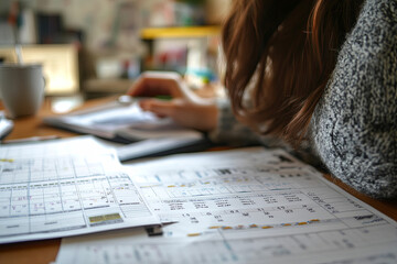 Obraz premium Person sitting at a desk with a mountain of paperwork and a calendar full of deadlines