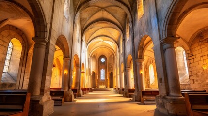 Romanesque Church Interior, featuring rounded arches, robust walls, ambient mystical lighting, creating a serene and historical atmosphere for reflection or worship