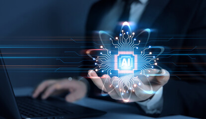 Artificial intelligence technology. Machine Learning business concept.	
Ai technology concept. Business person holding data of brain digital. 
