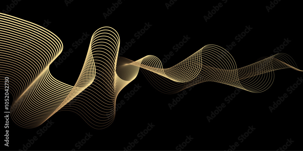 Leinwandbilder Luxury 3D flowing gold ribbon. Vector line pattern in a smooth curve flowing dynamic golden gradient wave isolated on black background for AI technology banner, music flyer. 