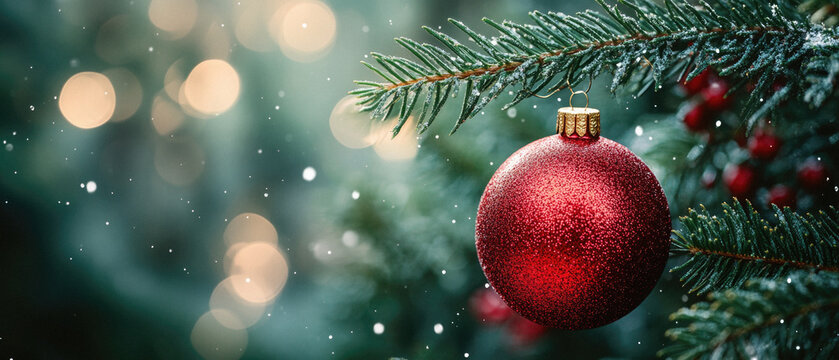 A red Christmas ornament hanging from a tree. The tree is covered in snow and the ornament is the only thing that is not