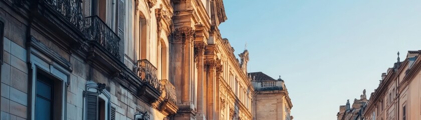 A picturesque street view showcasing elegant architecture bathed in warm sunlight.