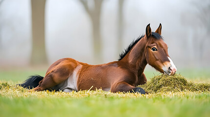 Foal Resting and Eating Hay in a Field, baby horse, brown horse, chestnut horse, black mane, foal eating hay
