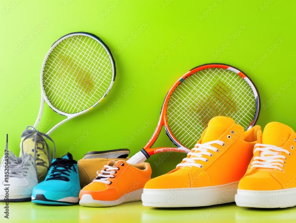 Canvas Prints A vibrant display of tennis rackets and colorful athletic shoes on a bright background.