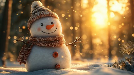 Obraz premium playful snowman with charming expression, handknit scarf and hat, snowy pine forest backdrop, soft falling snowflakes, warm golden light peeking through trees