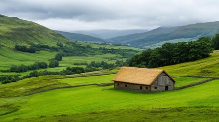 Obraz premium Straw-roofed barn in a green valley, traditional countryside scene