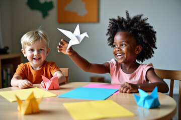 Black smiling kid girl and kid blond boy sit at the round table and fold origami using colored paper sheets.