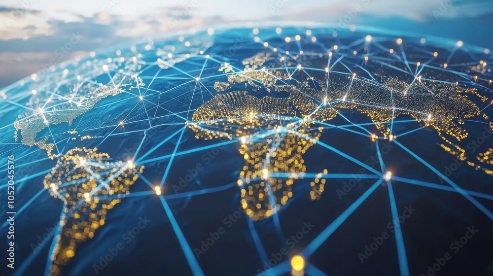 Wall mural global supply chain network concept with nodes on different continents