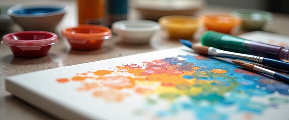 Obraz premium A painting of a flower with a bright, colorful background. The painting is on a table with other art supplies, including paint and brushes. The mood of the painting is cheerful and lively