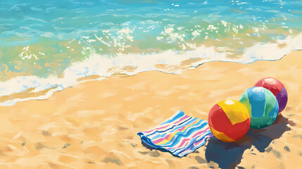Obraz premium Warm sunny summer day beach scene with colorful beach balls and towels scattered on golden sand near calm turquoise water. Golden Sand Beach. Illustration