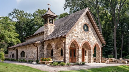 Fototapeta premium Rustic Romanesque Revival Chapel, featuring heavy arches, simplistic design, evokes a sense of spiritual serenity, surrounded by tranquil natural scenery.