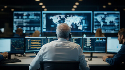 
Diverse group of engineers in a control room, monitoring multiple wind turbines through a large digital screen, 