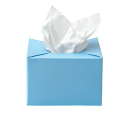 A light blue tissue box with white tissues partially pulled out, set against a white background. transparent background