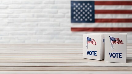 Obraz premium Two ballot boxes with VOTE labels are placed on a wooden table, surrounded by natural light and the American flag behind them