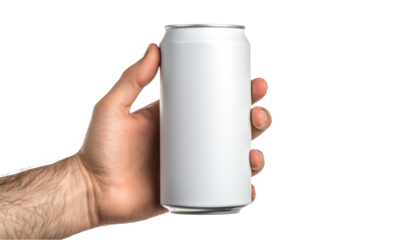 A hand holding a blank, white beverage can against a white background, emphasizing the simplicity of the design. transparent background