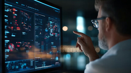 Fototapeta premium Corporate executive strategizing with AI-powered data visualization on transparent screens,